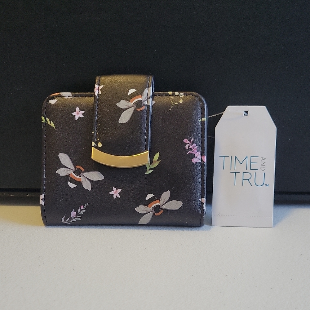 Time and Tru Black Wallet with Floral and Bee Design